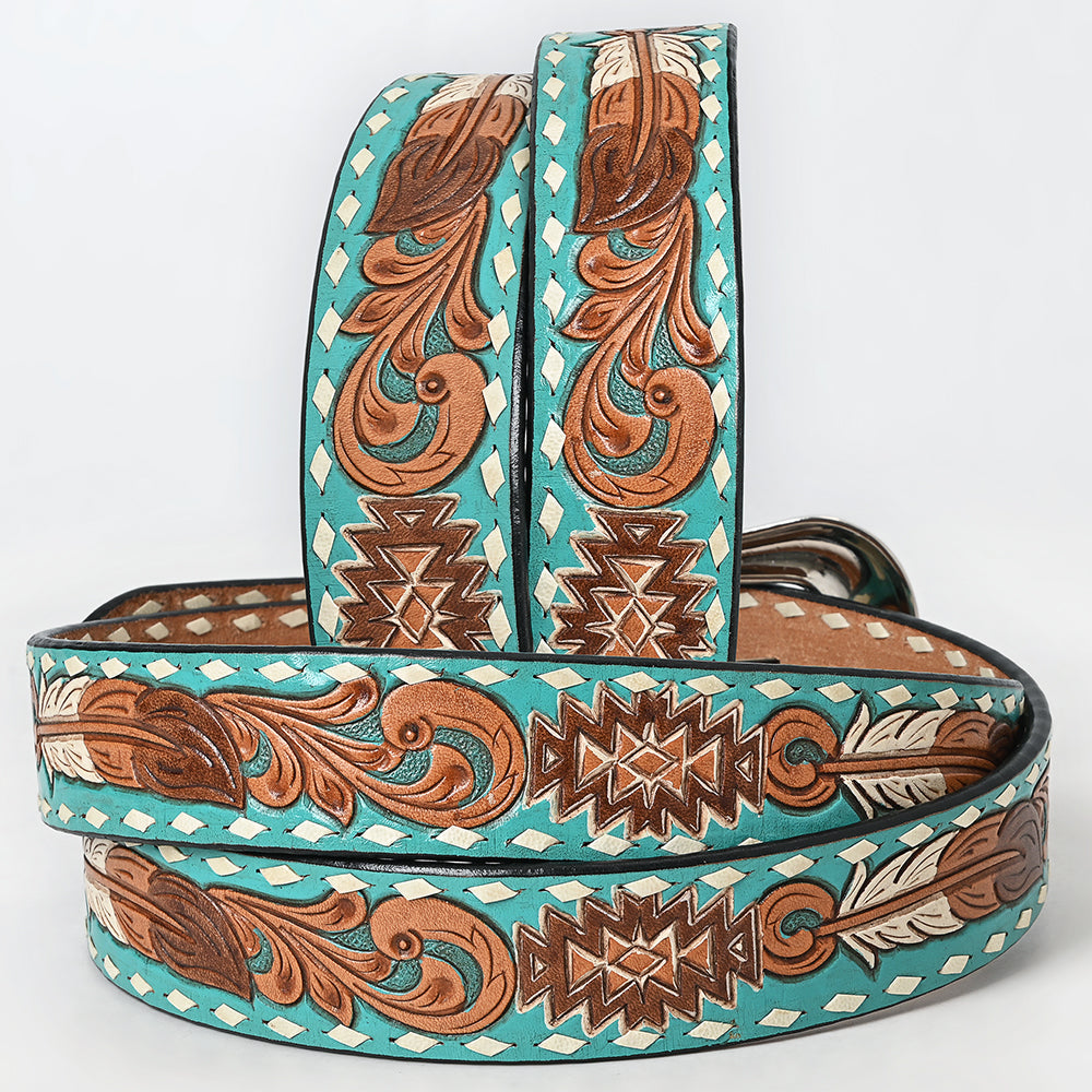 ADBLF212 Turquoise Tooled Leather Western Belt with Tribal & Scroll Pattern