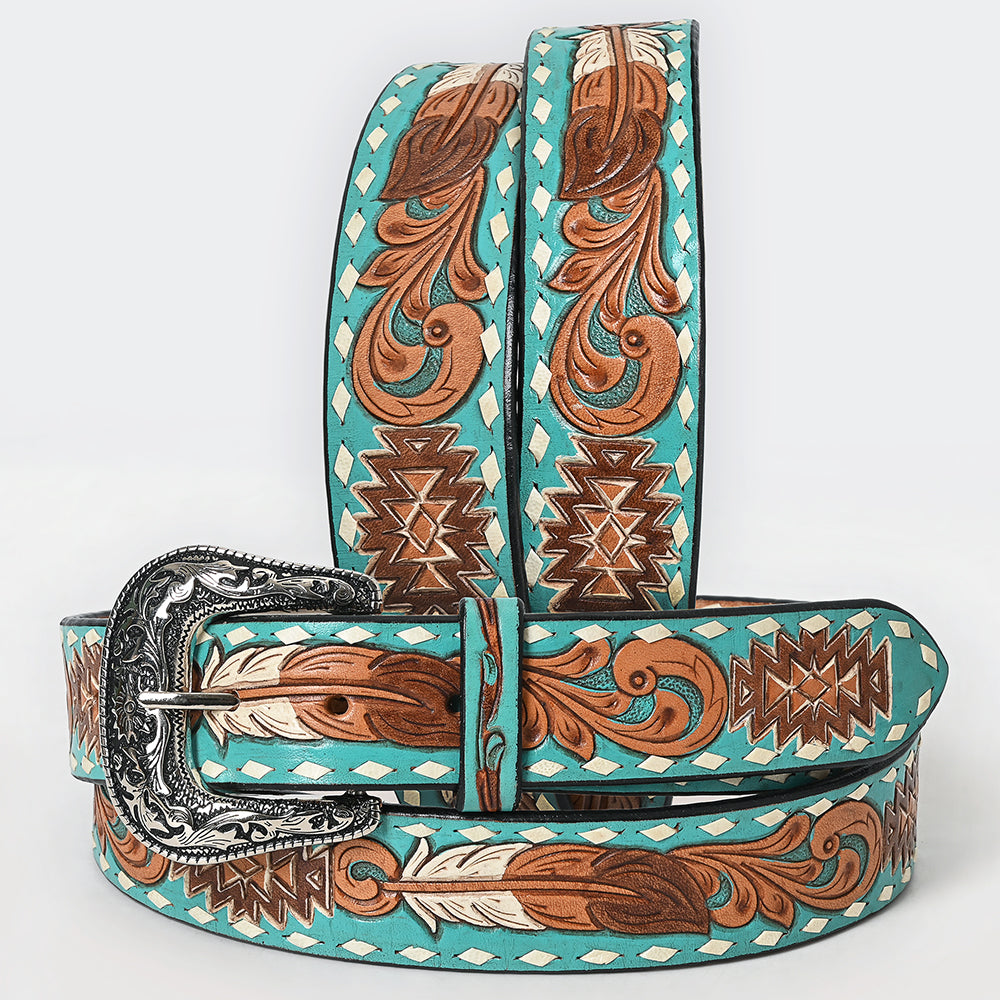 ADBLF212 Turquoise Tooled Leather Western Belt with Tribal & Scroll Pattern