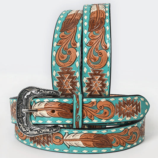 ADBLF212 Turquoise Tooled Leather Western Belt with Tribal & Scroll Pattern