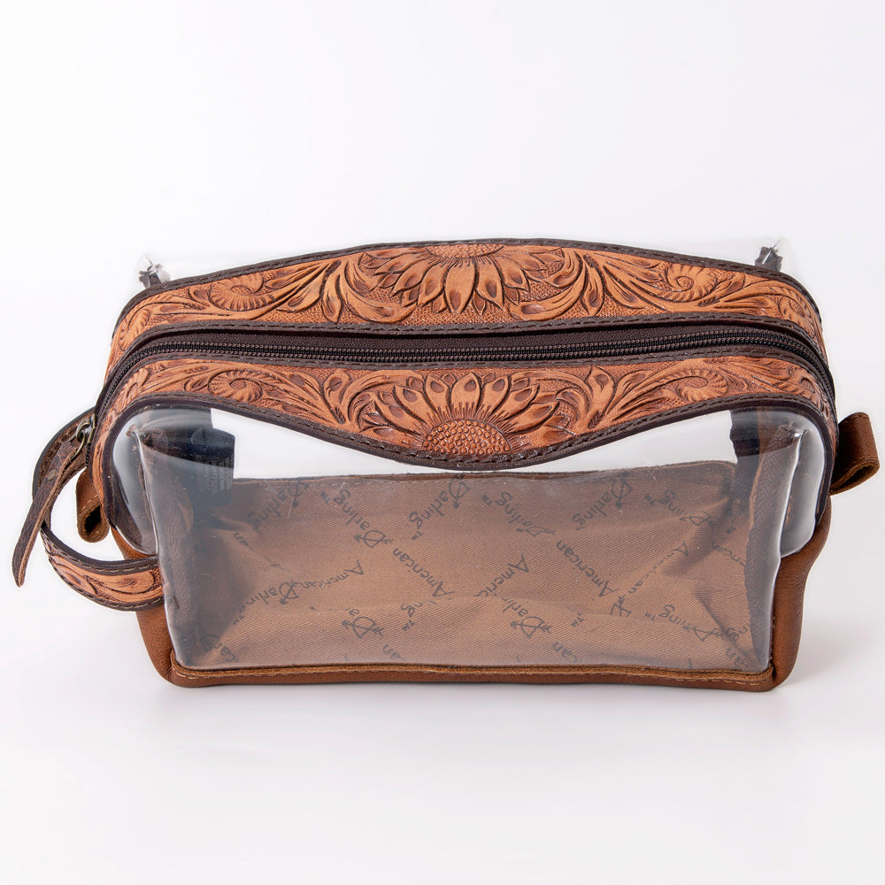 ADBG994 Clear Western Toiletry Bag with Tooled Leather Trim American Darling Travel Pouch