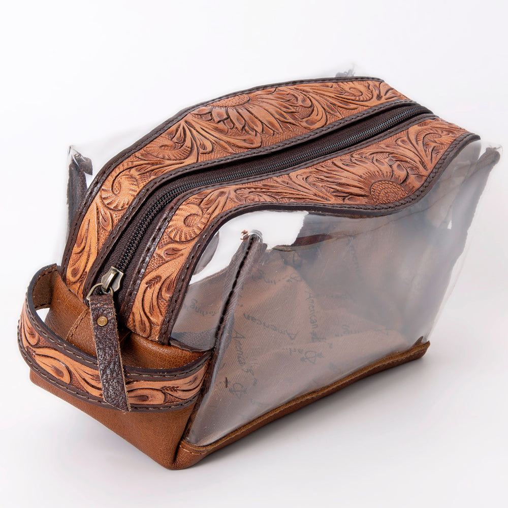ADBG994 Clear Western Toiletry Bag with Tooled Leather Trim American Darling Travel Pouch