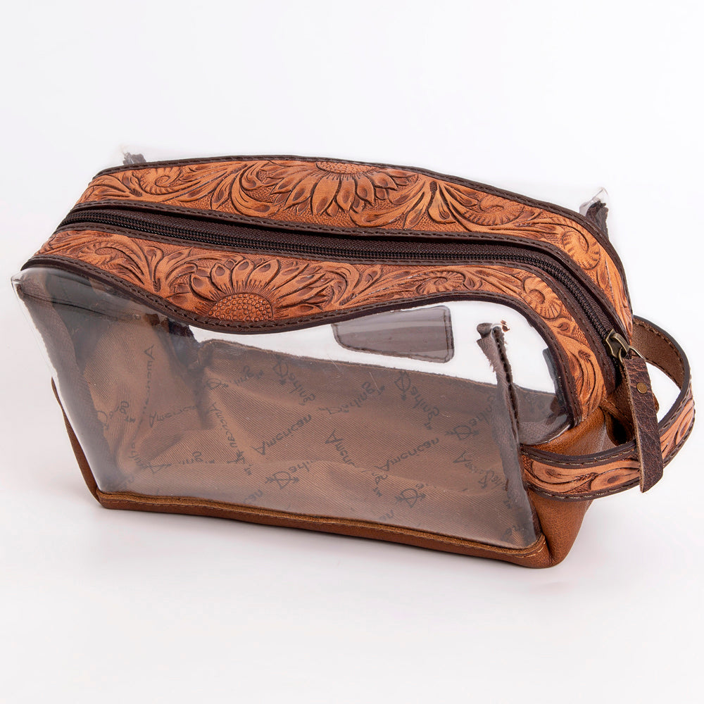 ADBG994 Clear Western Toiletry Bag with Tooled Leather Trim American Darling Travel Pouch