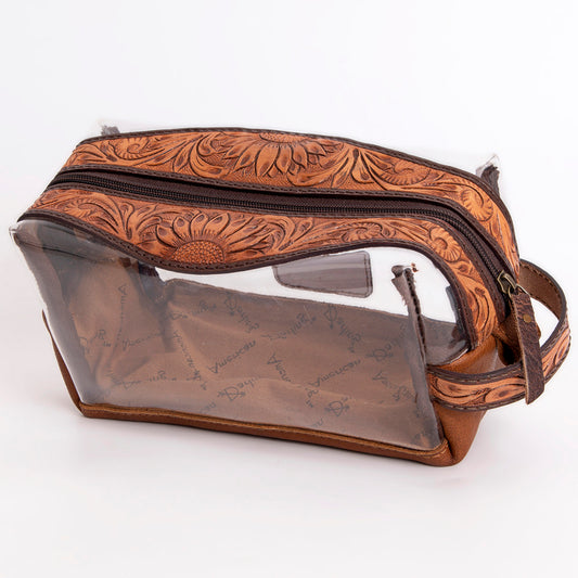 ADBG994 Clear Western Toiletry Bag with Tooled Leather Trim American Darling Travel Pouch