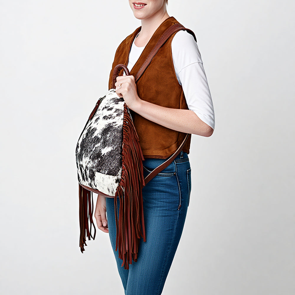 ADBG1125 American Darling Handcrafted Western Leather Sling Bag with Fringes and Hair-On Cowhide