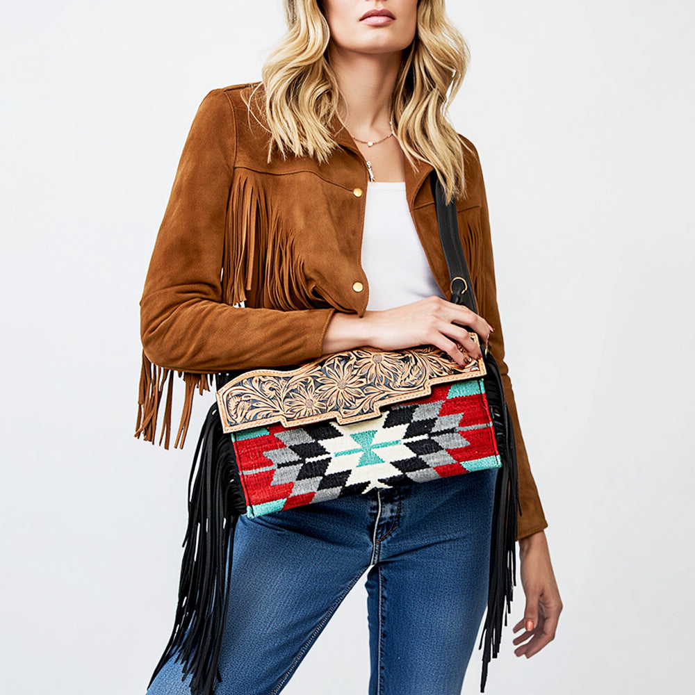 ADBG1128 American Darling Tooled Leather & Saddle Blanket Crossbody | Western Fringe Purse