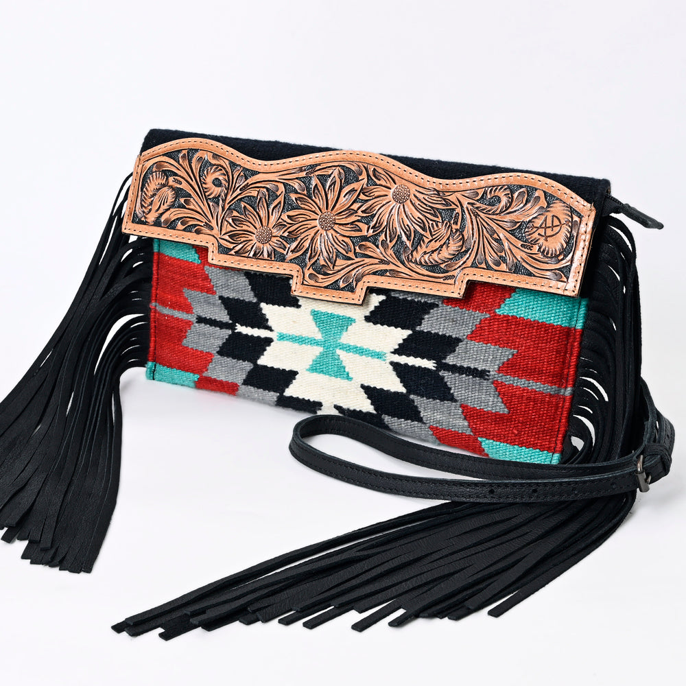 ADBG1128 American Darling Tooled Leather & Saddle Blanket Crossbody | Western Fringe Purse