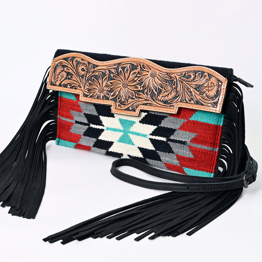 ADBG1128 American Darling Tooled Leather & Saddle Blanket Crossbody | Western Fringe Purse