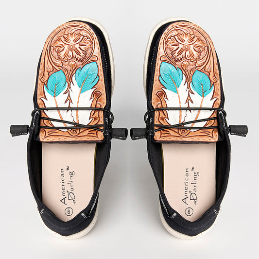 LC-ADFT133BK3 Women's Feather Tooled Leather Canvas Loafers - Western Casual Slip-On