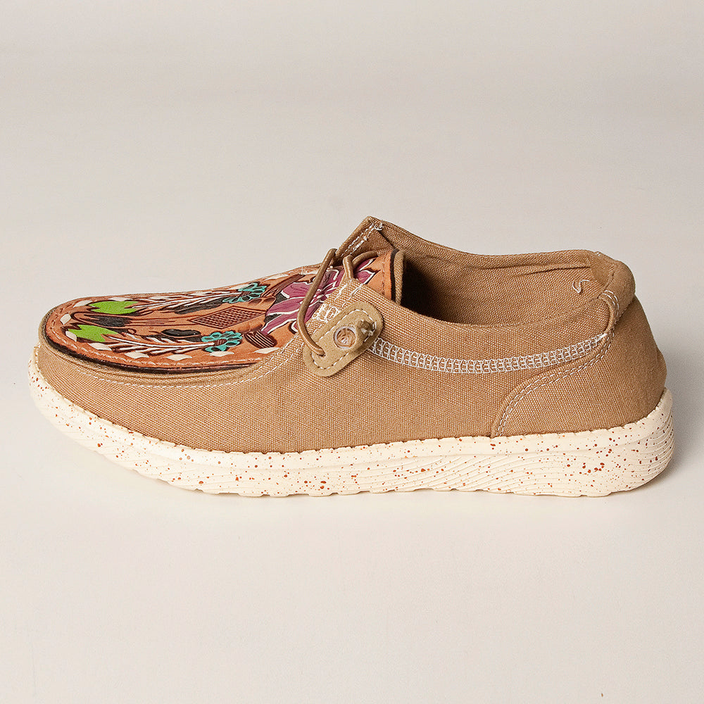 LC-ADFT133BR2 Women's Floral & Feather Tooled Leather Canvas Loafers - Multicolor Western Slip-On