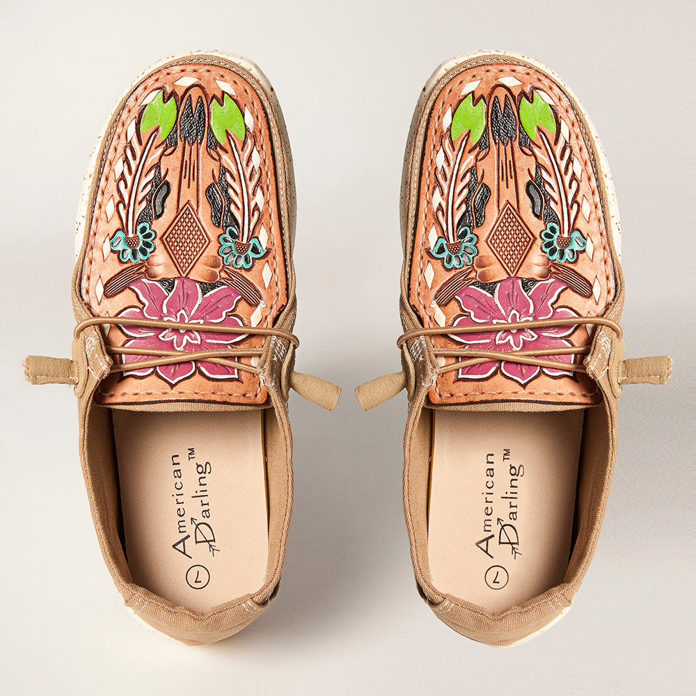 LC-ADFT133BR2 Women's Floral & Feather Tooled Leather Canvas Loafers - Multicolor Western Slip-On