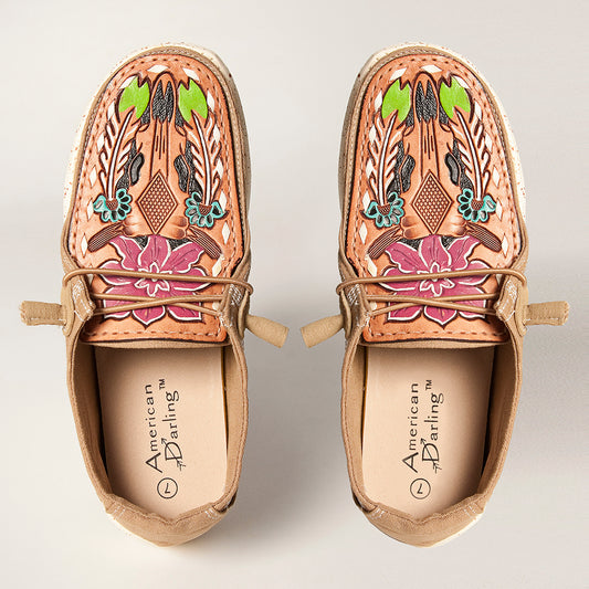 LC-ADFT133BR2 Women's Floral & Feather Tooled Leather Canvas Loafers - Multicolor Western Slip-On