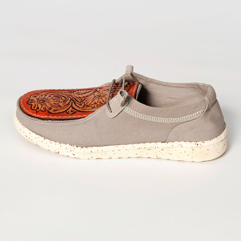 LC-ADFT133GR11 Women's Tooled Leather Canvas Loafers - Burnt Orange Floral on Gray Slip-On