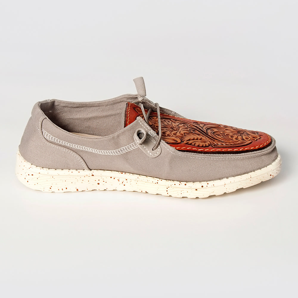 LC-ADFT133GR11 Women's Tooled Leather Canvas Loafers - Burnt Orange Floral on Gray Slip-On