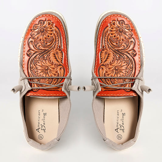 LC-ADFT133GR11 Women's Tooled Leather Canvas Loafers - Burnt Orange Floral on Gray Slip-On