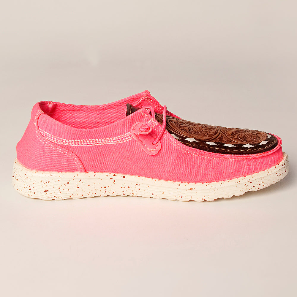 LC-ADFT133NEPK4 Women's Tooled Leather Canvas Loafers - Pink Slip-On with Dark Brown Floral Top