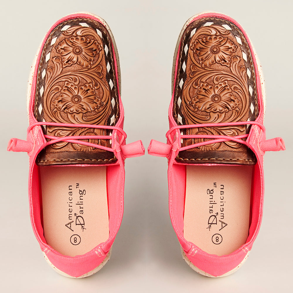 LC-ADFT133NEPK4 Women's Tooled Leather Canvas Loafers - Pink Slip-On with Dark Brown Floral Top