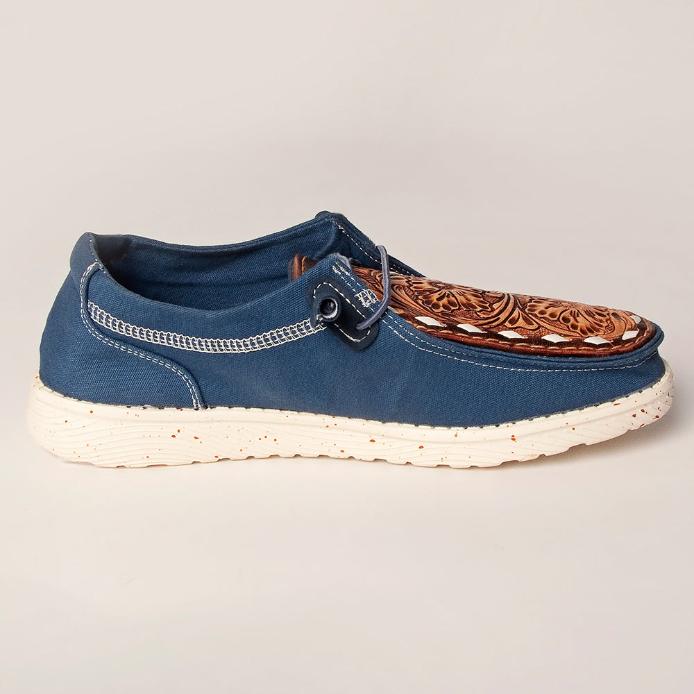 LC-ADFT133NV4 Women's Blue Canvas Loafers with Tan Tooled Leather - American Darling Slip-On Flats