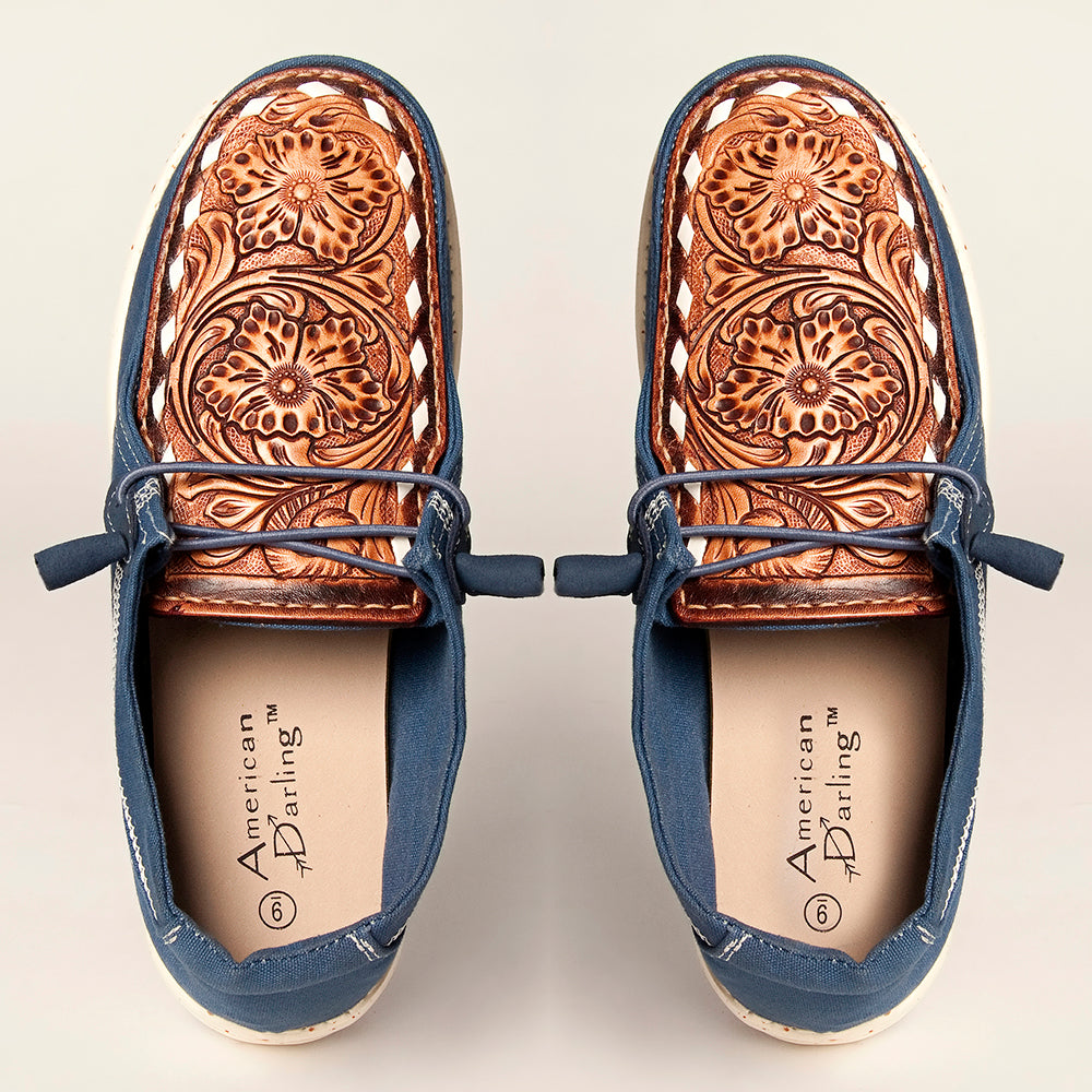 LC-ADFT133NV4 Women's Blue Canvas Loafers with Tan Tooled Leather - American Darling Slip-On Flats