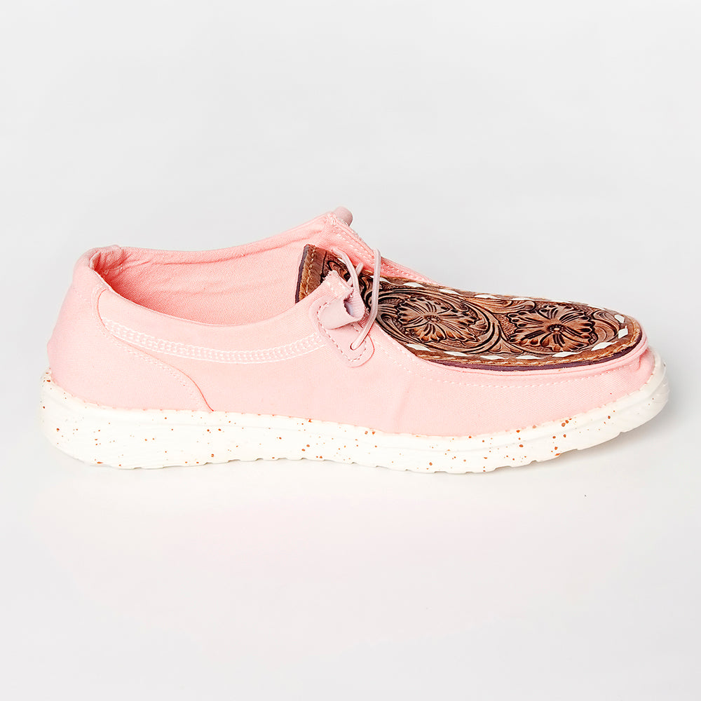 LC-ADFT133PK4 Women's Pink Canvas Loafers with Hand-Tooled Leather - American Darling Floral Slip-Ons