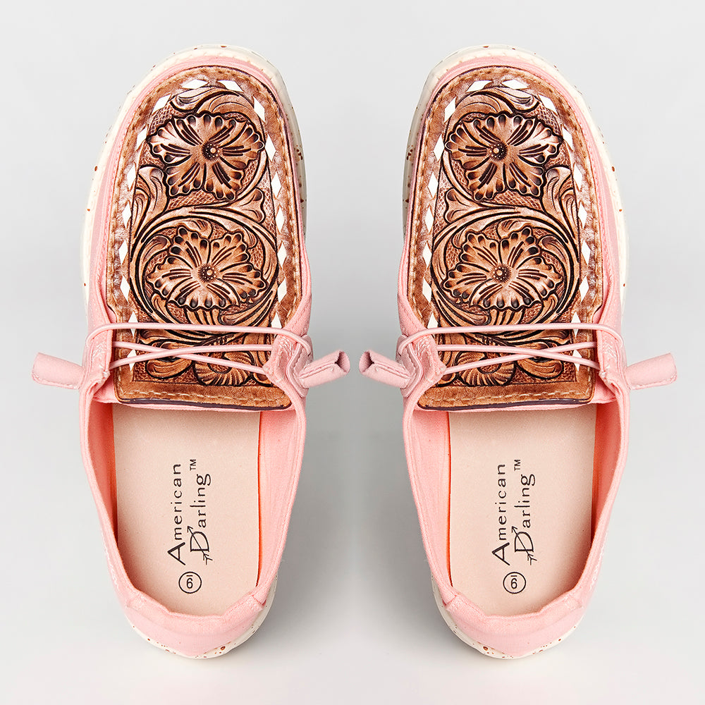 LC-ADFT133PK4 Women's Pink Canvas Loafers with Hand-Tooled Leather - American Darling Floral Slip-Ons