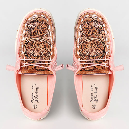 LC-ADFT133PK4 Women's Pink Canvas Loafers with Hand-Tooled Leather - American Darling Floral Slip-Ons