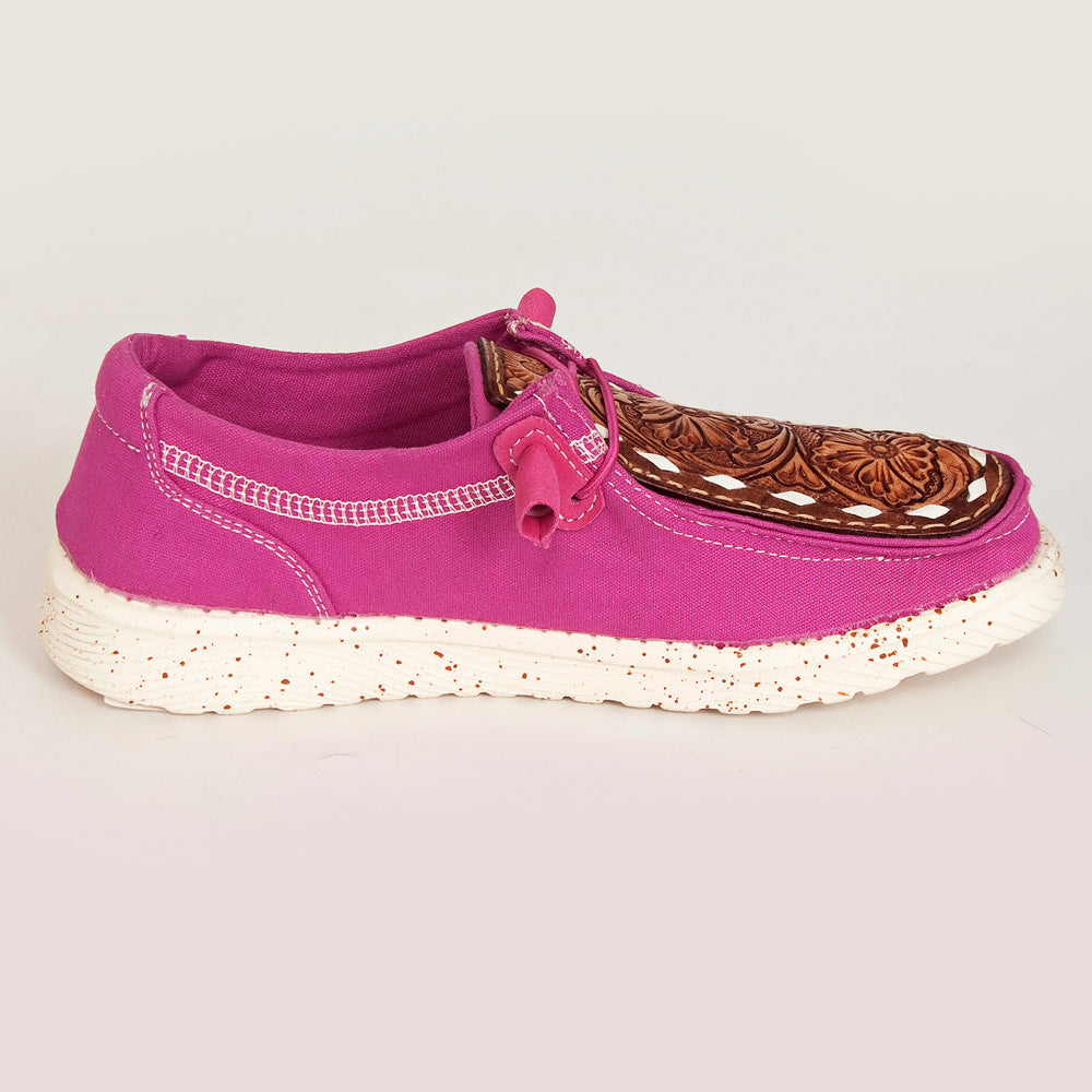 LC-ADFT133PU4 Women's Pink Canvas Loafers with Tooled Leather - American Darling Western Floral Slip-Ons