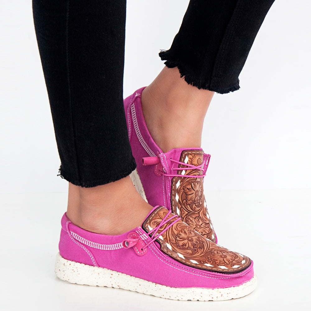 LC-ADFT133PU4 Women's Pink Canvas Loafers with Tooled Leather - American Darling Western Floral Slip-Ons