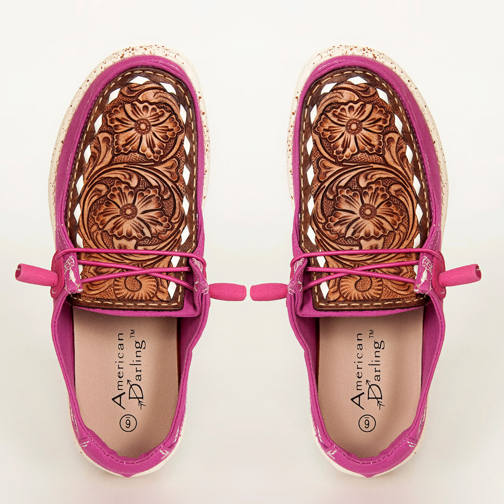 LC-ADFT133PU4 Women's Pink Canvas Loafers with Tooled Leather - American Darling Western Floral Slip-Ons