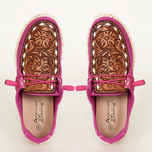 LC-ADFT133PU4 Women's Pink Canvas Loafers with Tooled Leather - American Darling Western Floral Slip-Ons