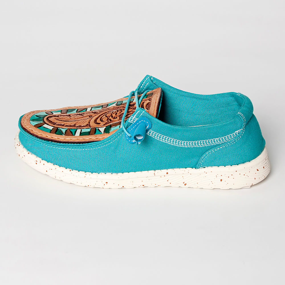 LC-ADFT133TR8 Women's Turquoise Canvas Tooled Leather Loafers - American Darling Western Inlay Slip-Ons