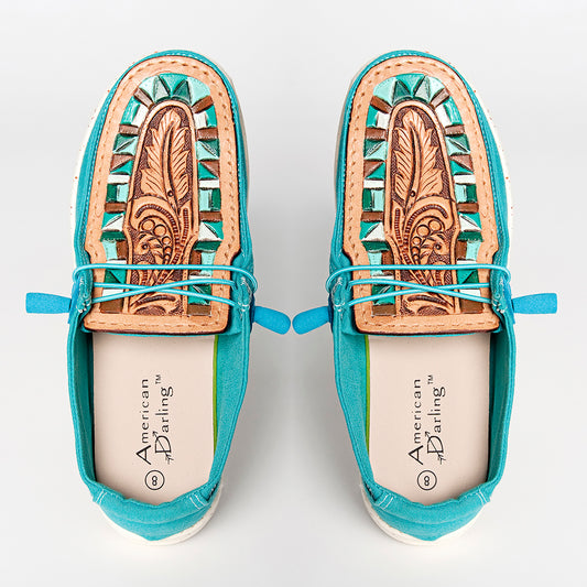 LC-ADFT133TR8 Women's Turquoise Canvas Tooled Leather Loafers - American Darling Western Inlay Slip-Ons