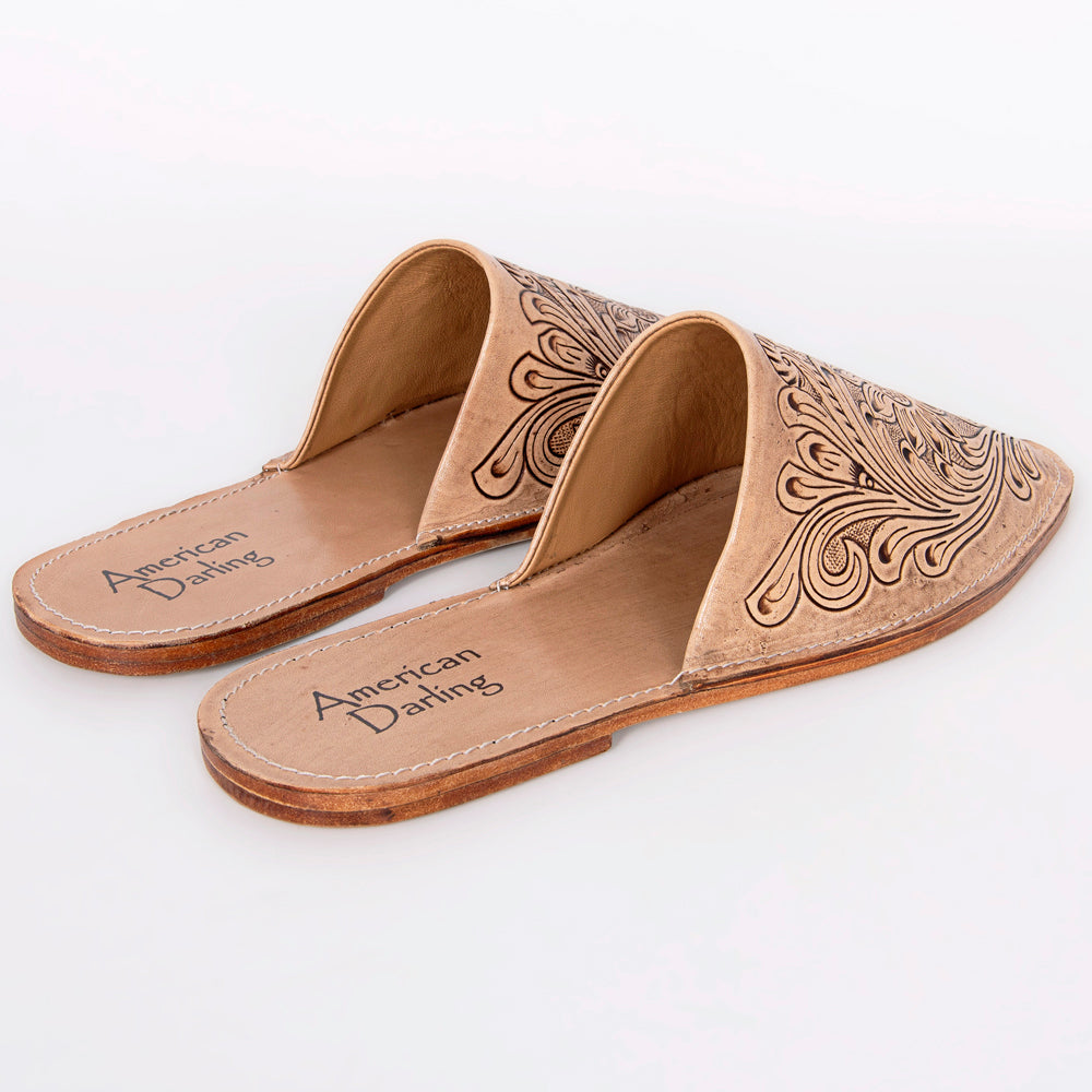 LC-ADFT140 Women's Pointed Toe Hand-Tooled Leather Mules - American Darling Western Slides