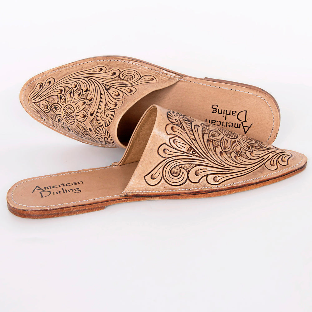 LC-ADFT140 Women's Pointed Toe Hand-Tooled Leather Mules - American Darling Western Slides