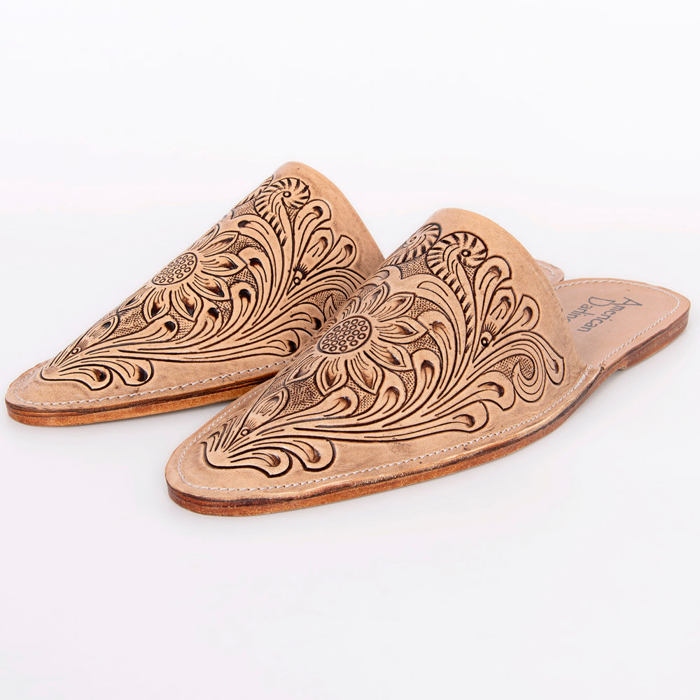 LC-ADFT140 Women's Pointed Toe Hand-Tooled Leather Mules - American Darling Western Slides