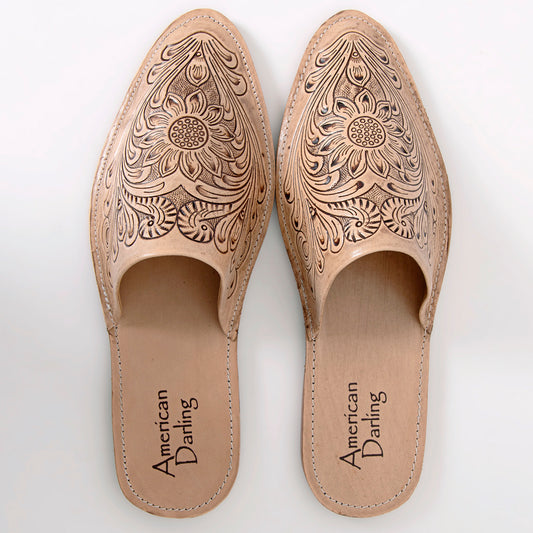 LC-ADFT140 Women's Pointed Toe Hand-Tooled Leather Mules - American Darling Western Slides