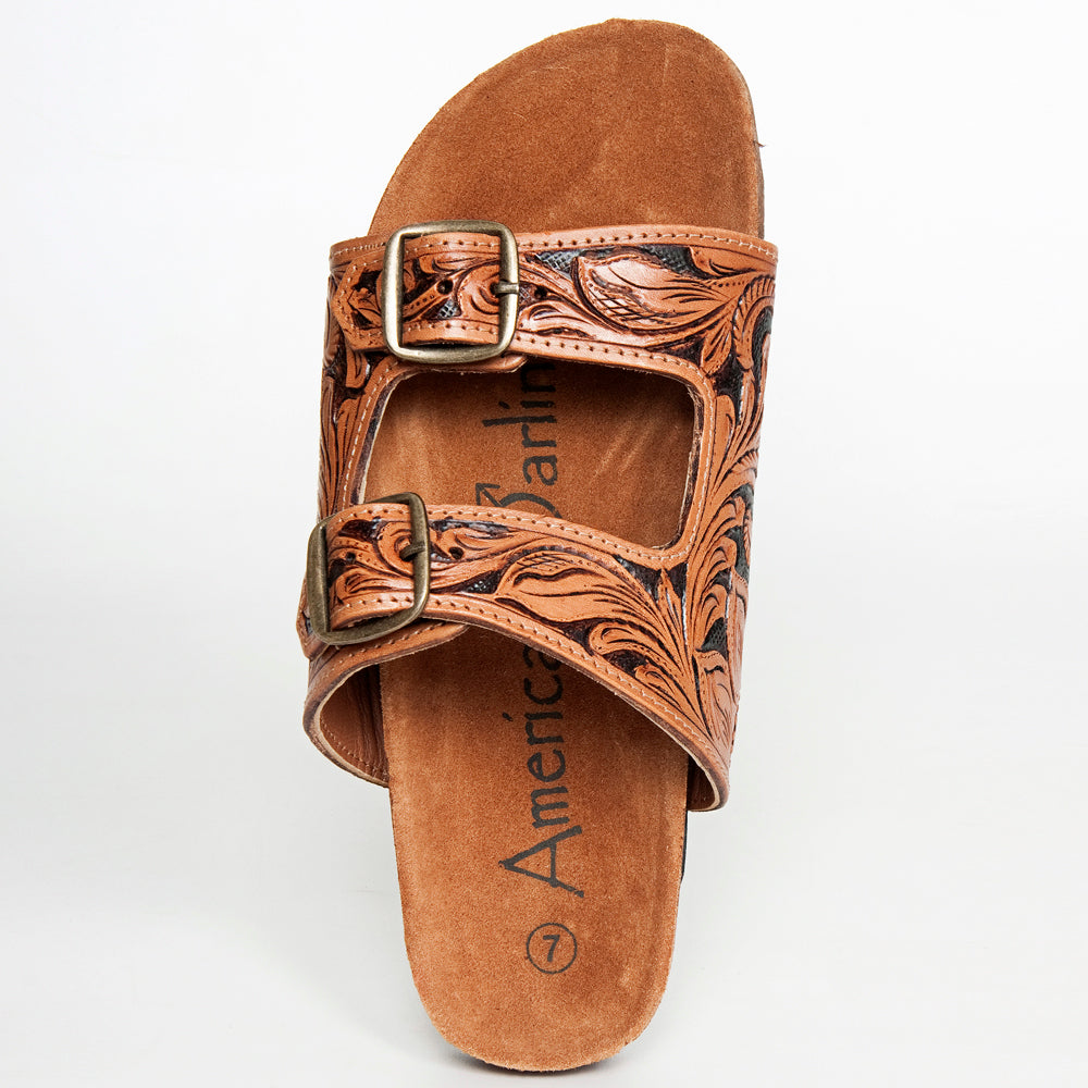 LC-ADFTE103A Hand-Tooled Leather Buckle Sandals - Double Strap Western Slides by American Darling