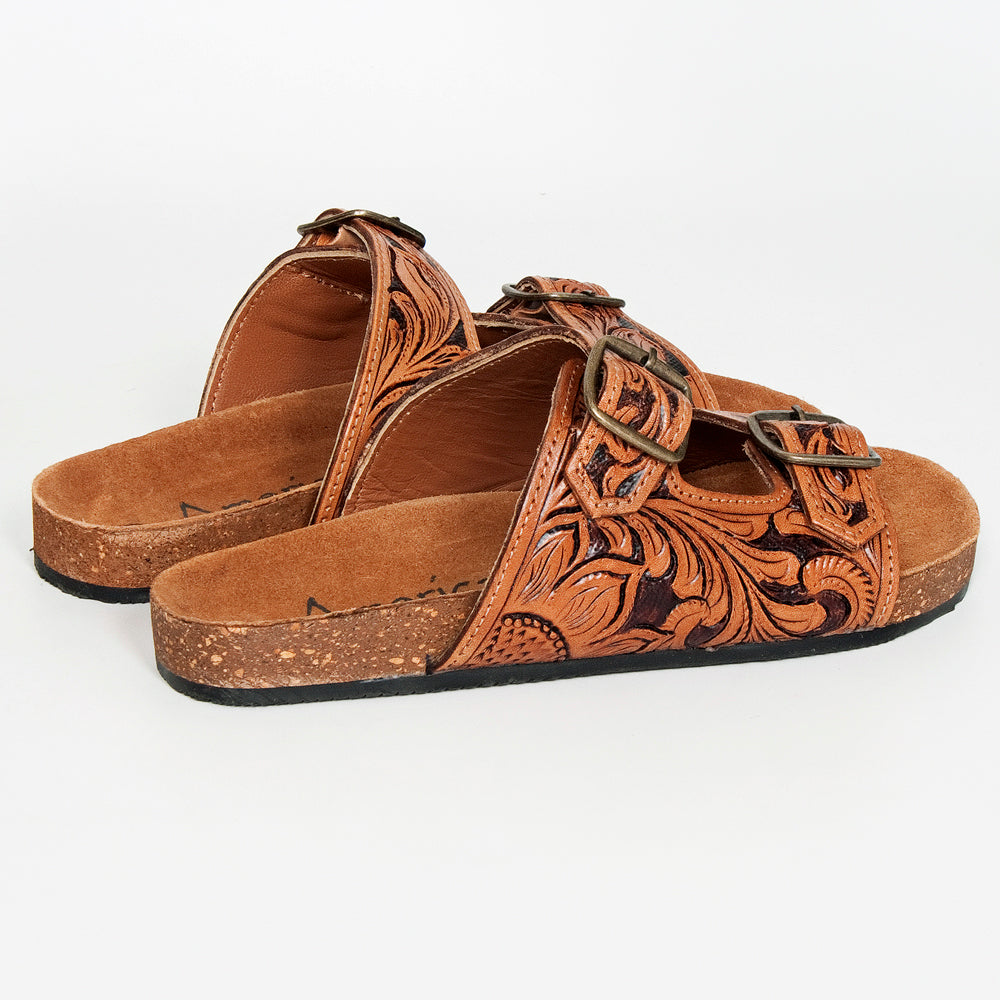 LC-ADFTE103A Hand-Tooled Leather Buckle Sandals - Double Strap Western Slides by American Darling
