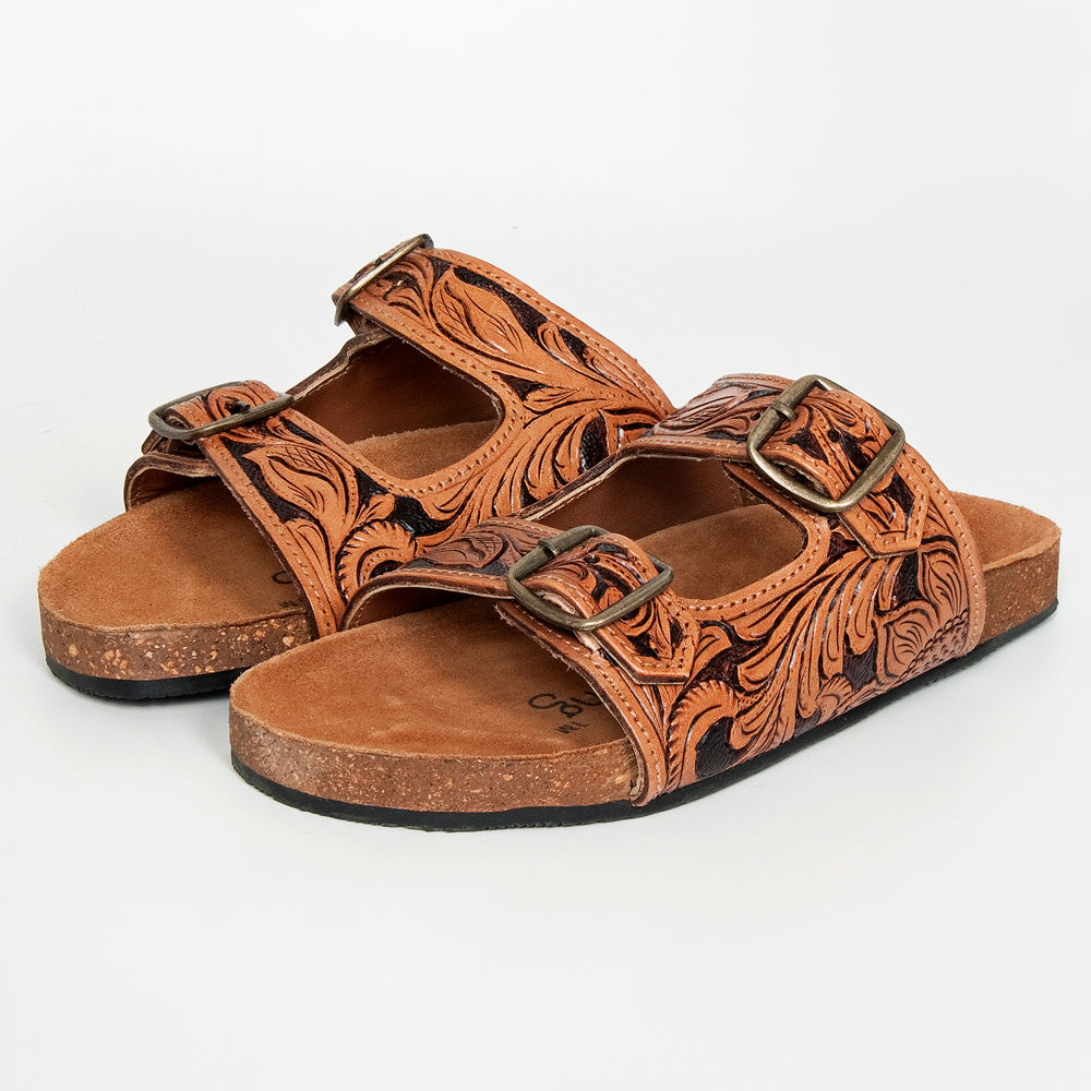 LC-ADFTE103A Hand-Tooled Leather Buckle Sandals - Double Strap Western Slides by American Darling