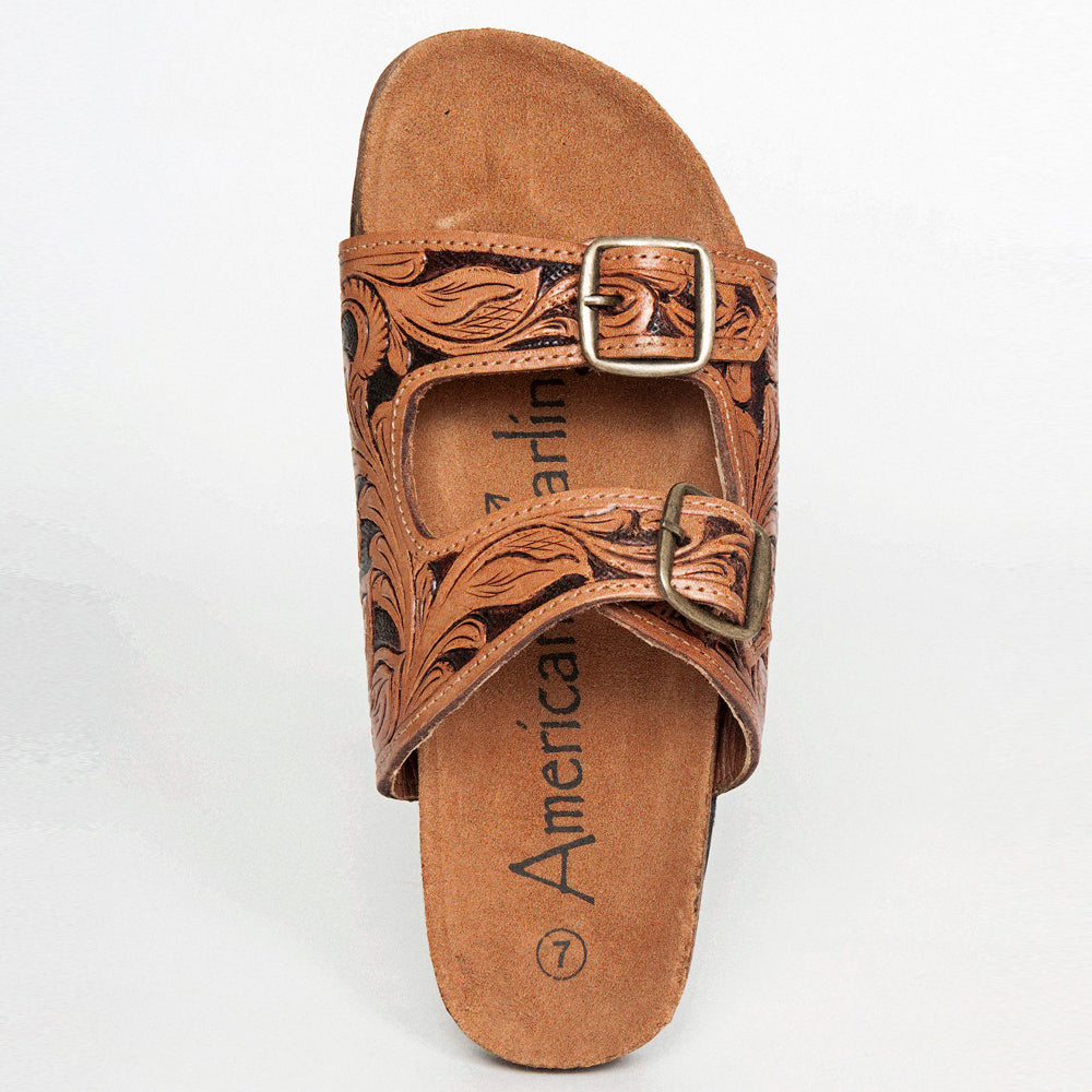 LC-ADFTE103A Hand-Tooled Leather Buckle Sandals - Double Strap Western Slides by American Darling