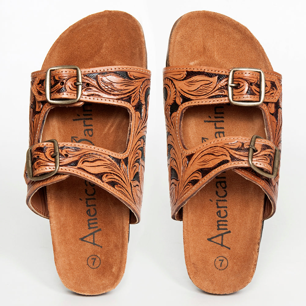 LC-ADFTE103A Hand-Tooled Leather Buckle Sandals - Double Strap Western Slides by American Darling