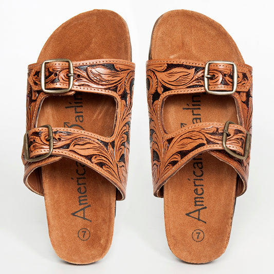 LC-ADFTE103A Hand-Tooled Leather Buckle Sandals - Double Strap Western Slides by American Darling