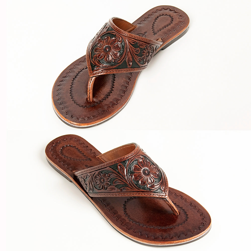 LC-ADFTE104B-6 Hand-Tooled Leather Flip-Flop Sandals - Western Floral Slide by American Darling