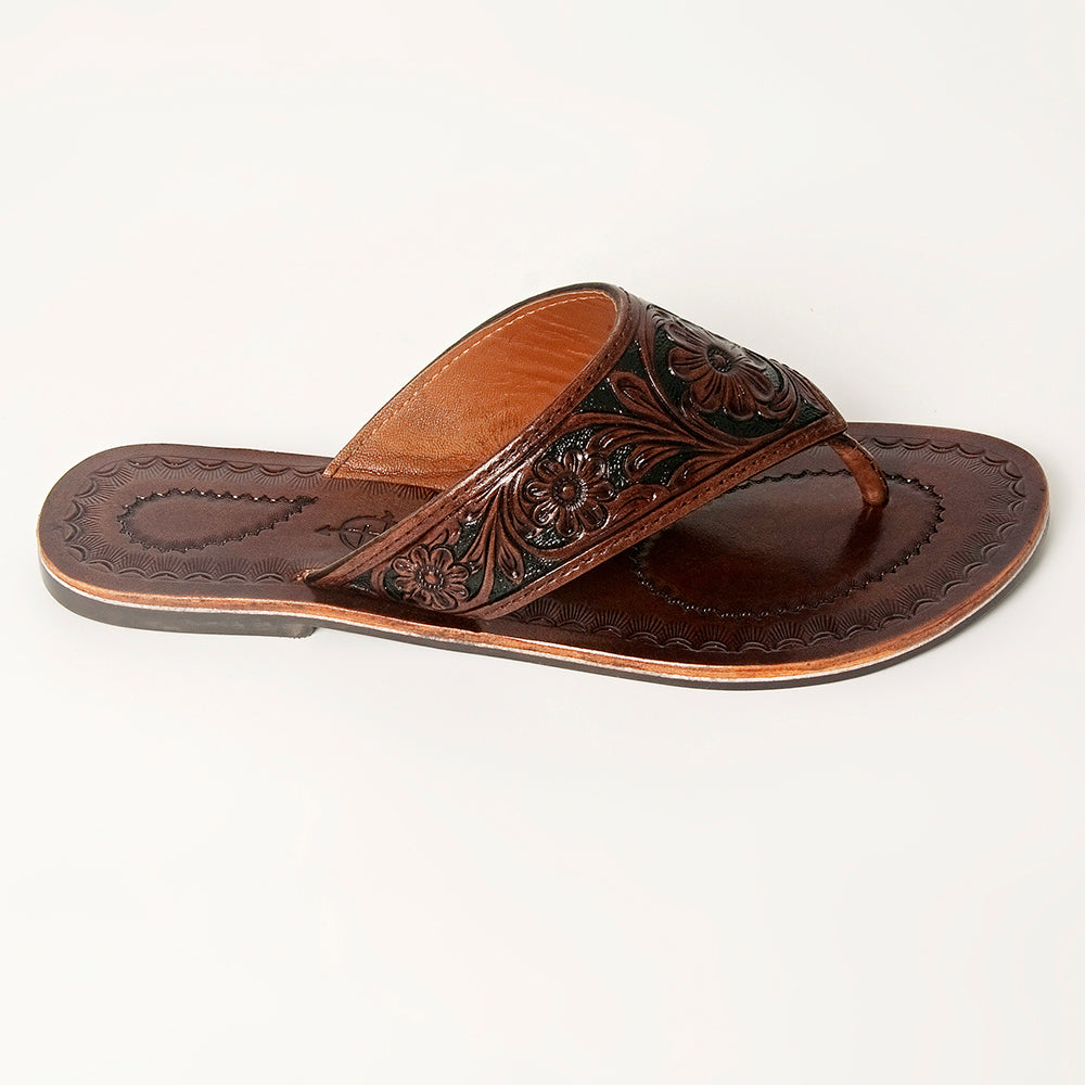 LC-ADFTE104B-6 Hand-Tooled Leather Flip-Flop Sandals - Western Floral Slide by American Darling