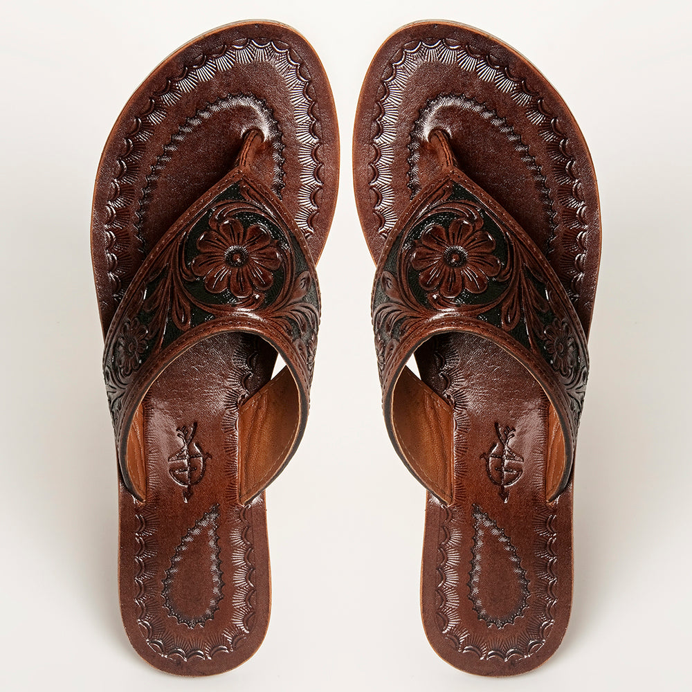 LC-ADFTE104B-6 Hand-Tooled Leather Flip-Flop Sandals - Western Floral Slide by American Darling