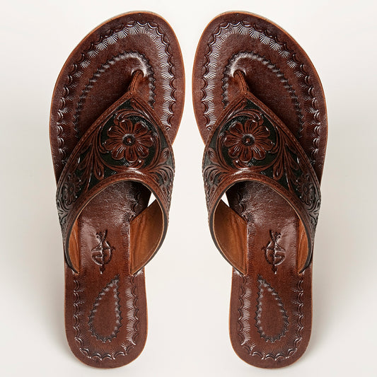 LC-ADFTE104B-6 Hand-Tooled Leather Flip-Flop Sandals - Western Floral Slide by American Darling