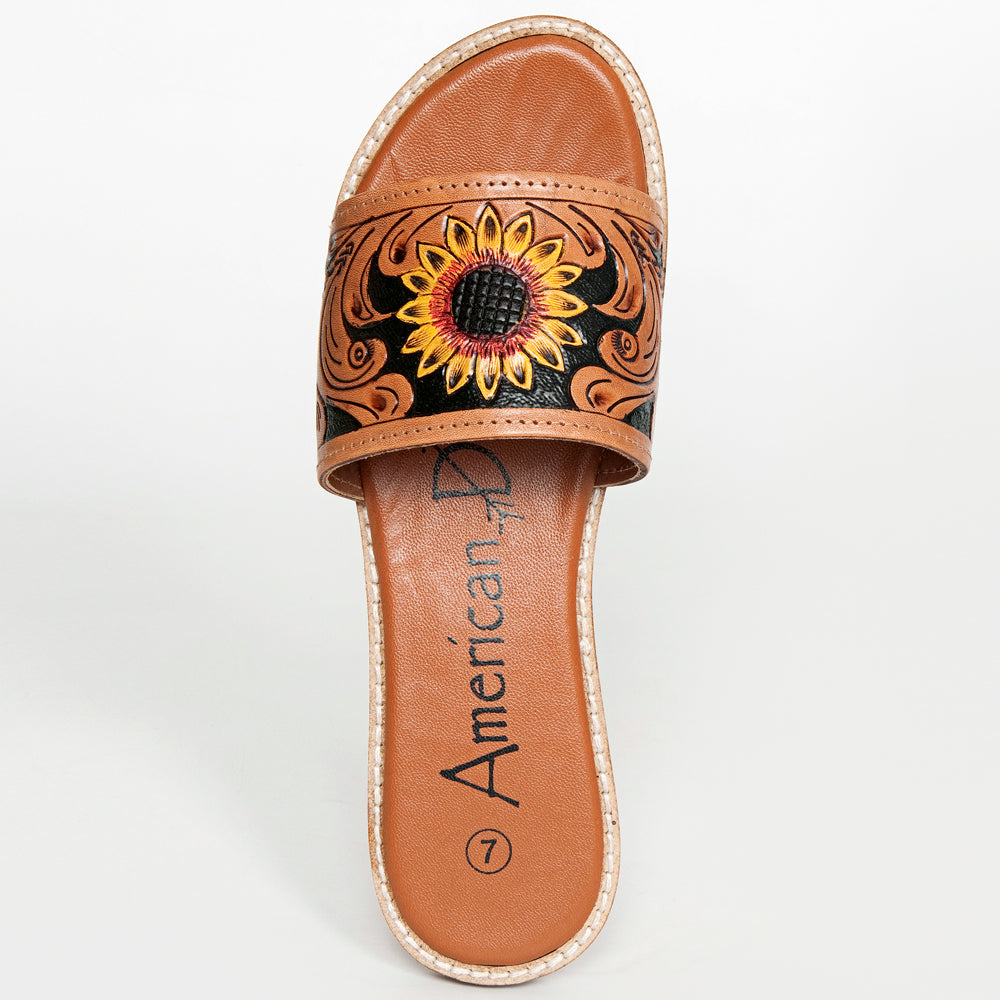 LC-ADFTE106A-8 Sunflower Tooled Leather Slide Sandals - Western Summer Slip-Ons by American Darling