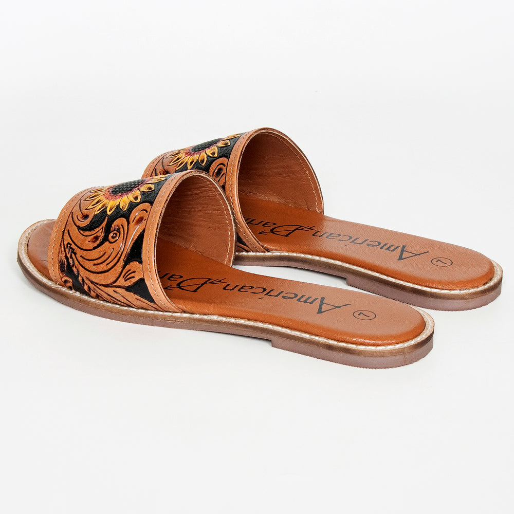 LC-ADFTE106A-9 Sunflower Tooled Leather Slide Sandals - Western Summer Slip-Ons by American Darling