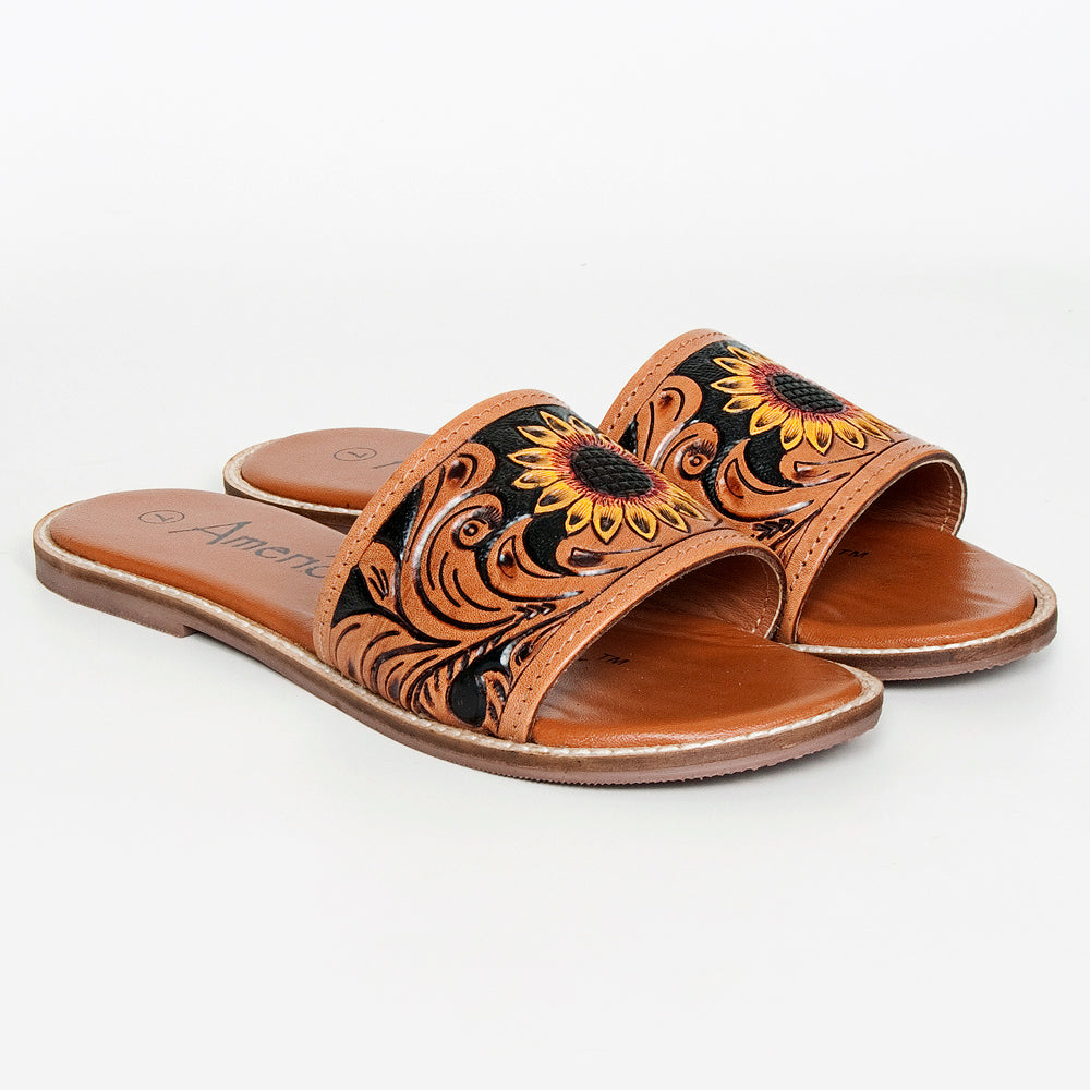 LC-ADFTE106A-9 Sunflower Tooled Leather Slide Sandals - Western Summer Slip-Ons by American Darling