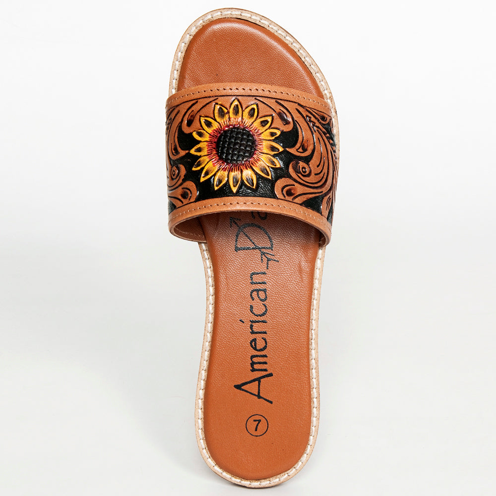 LC-ADFTE106A-9 Sunflower Tooled Leather Slide Sandals - Western Summer Slip-Ons by American Darling