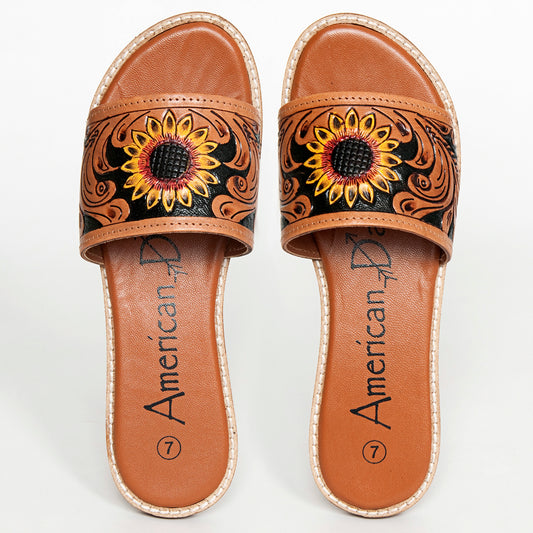 LC-ADFTE106A-8 Sunflower Tooled Leather Slide Sandals - Western Summer Slip-Ons by American Darling